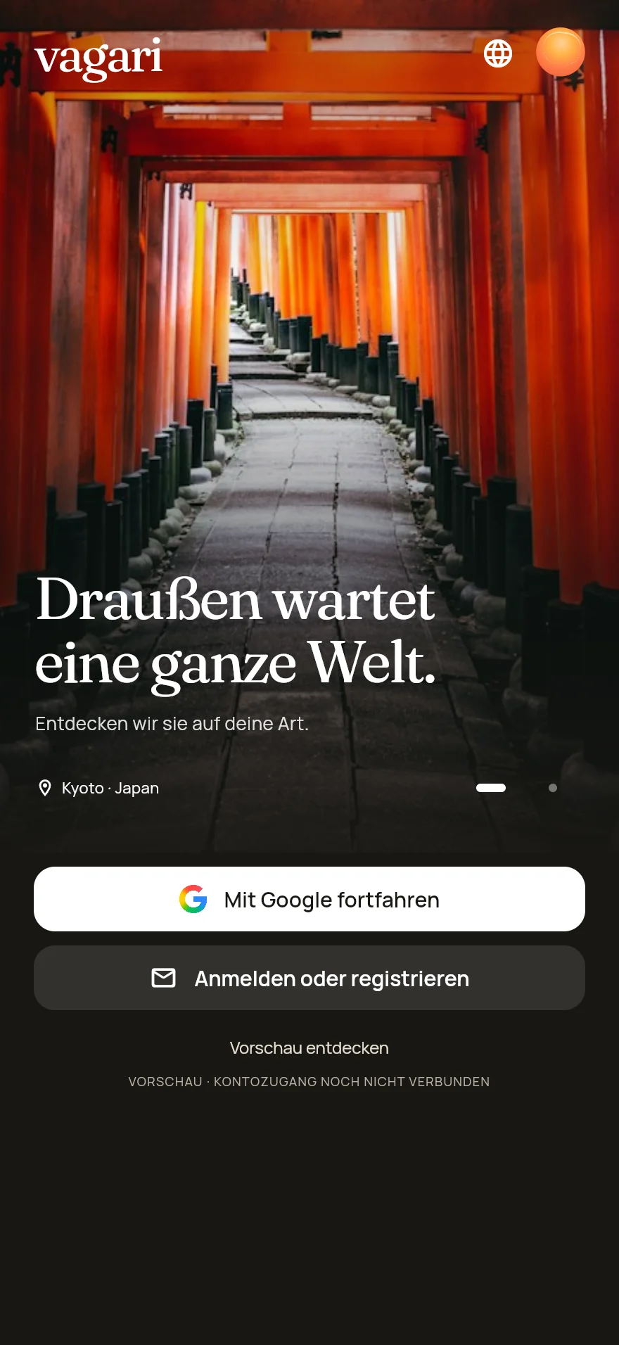Echter Willkommensbildschirm von Vagari auf Deutsch